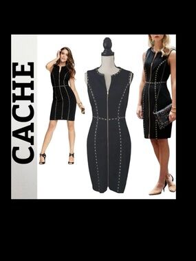 Cache Black Studded Bodycon Dress | Gold Studs & exposed Zipper | Size 0 edgy.